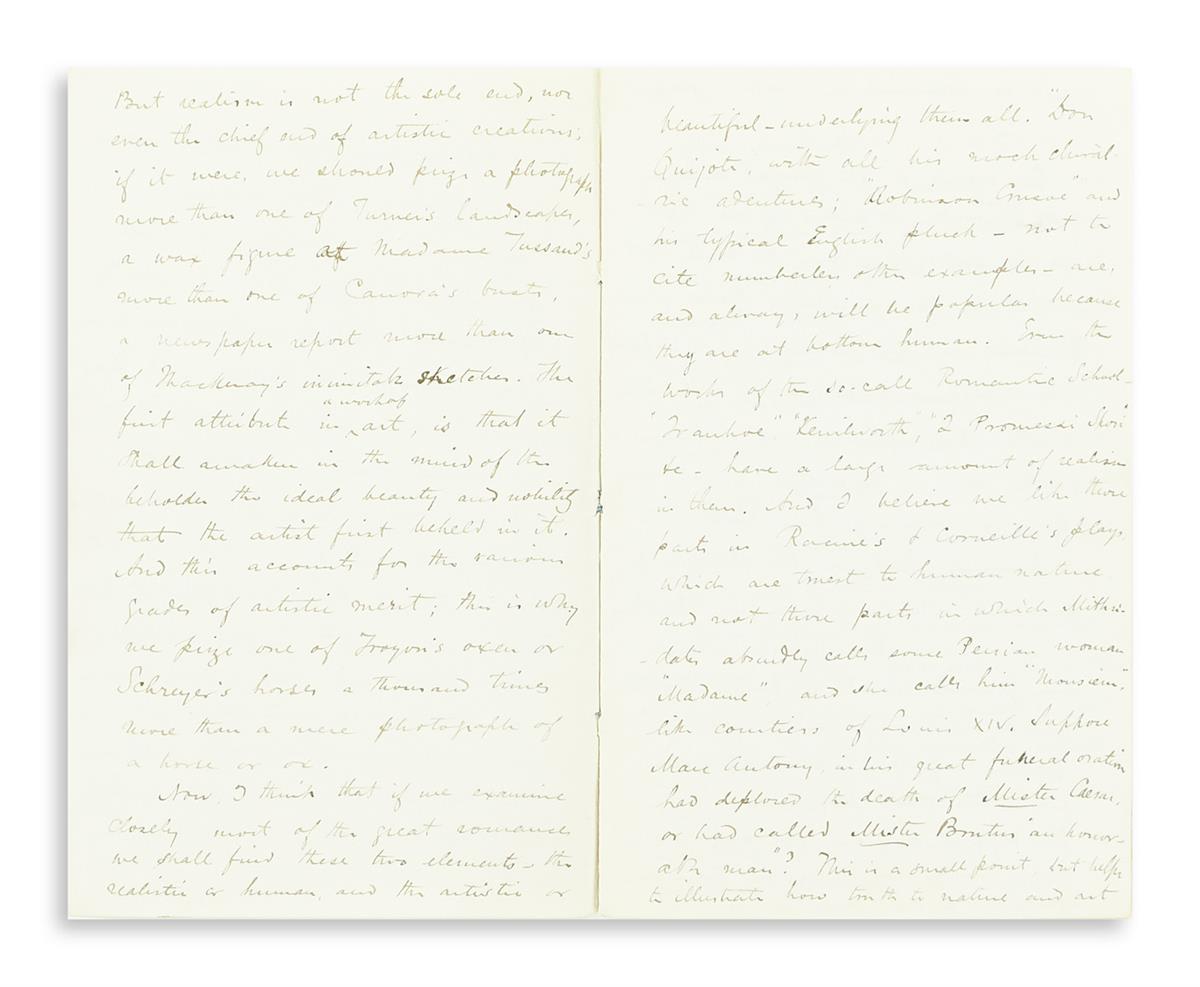 RUSKIN, JOHN. Autograph Manuscript, unsigned, a presumably complete and untitled essay on realism in art and its relation to morals.